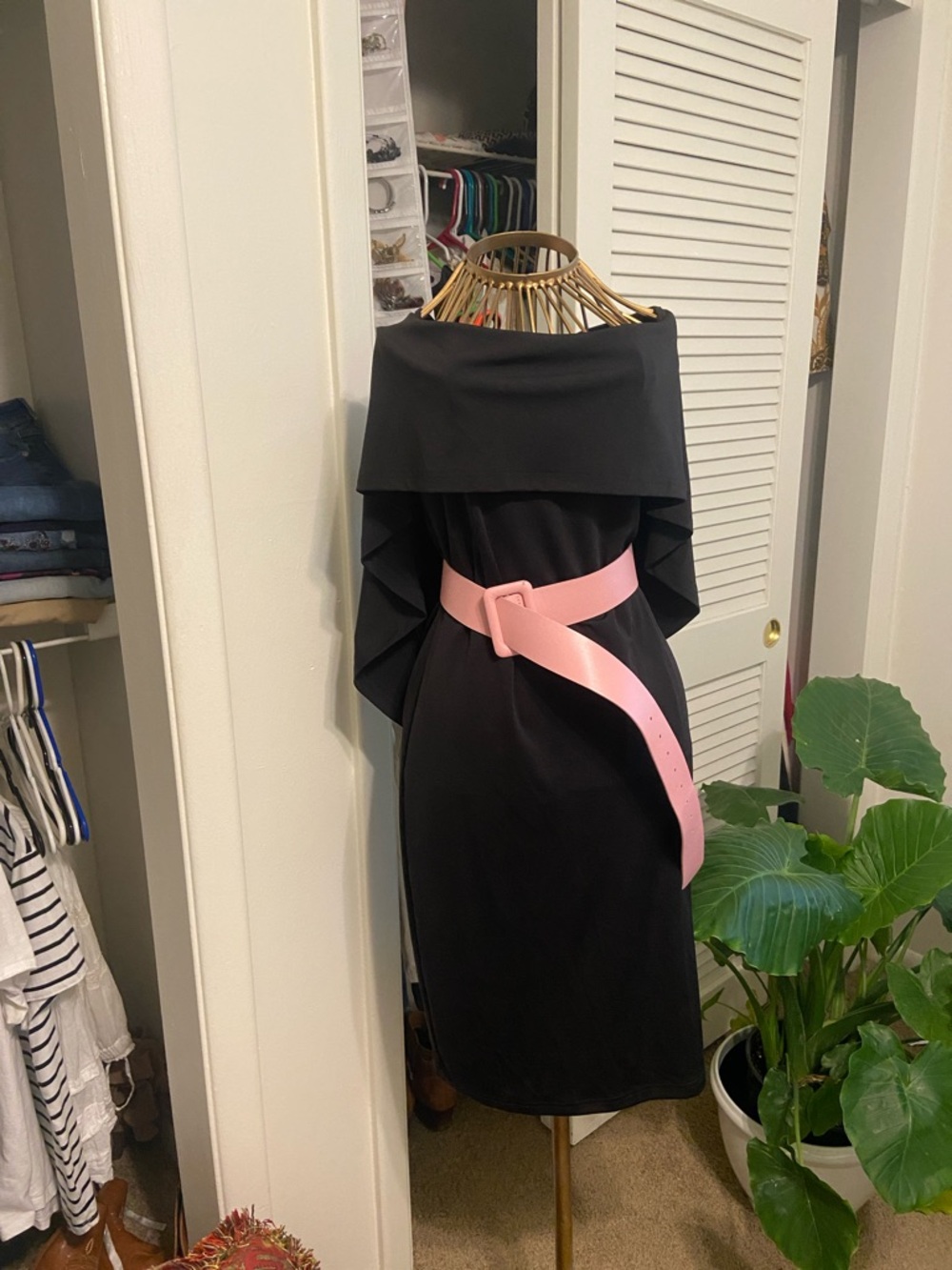 Off-Shoulder Black Midi Dress with Pink Waist Belt